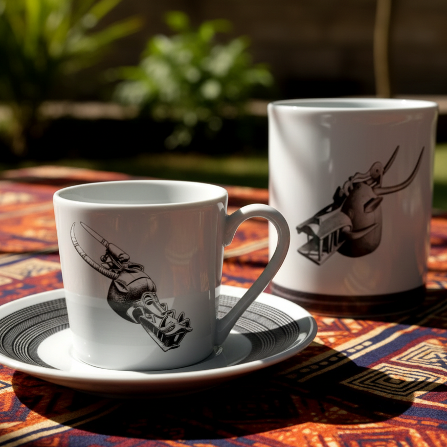 Mug ou Tasse à café en porcelaine fine Française fabriqué à la demande, motif d'Afrique, Côté d'Ivoire MASQUE HEAUME SENOUFO, A tête d'animal à la gueule béante armé de crocs 1