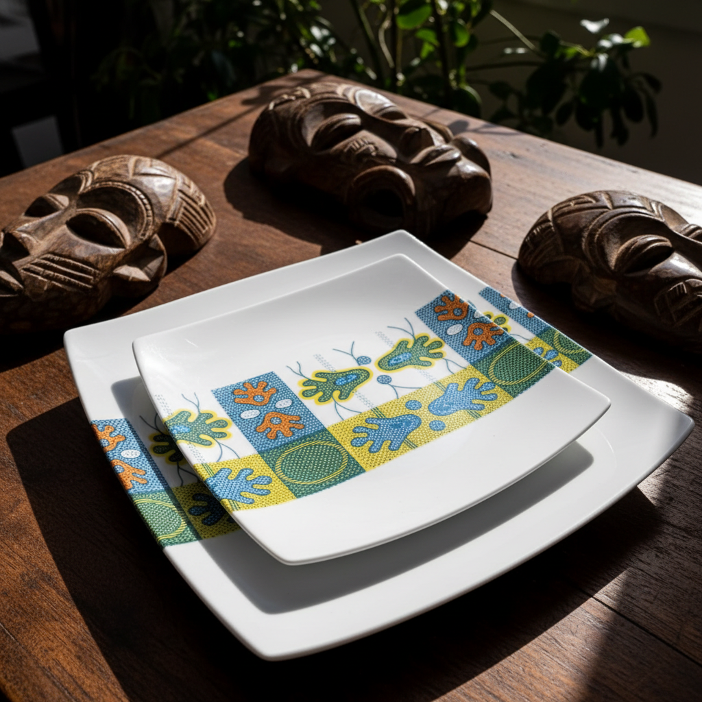 Set aus 12 quadratischen Tellern aus feinem französischem Porzellan, auf Bestellung gefertigt, mit einem afrikanischen Wachsdruckmuster „Ton pied Mon pied“