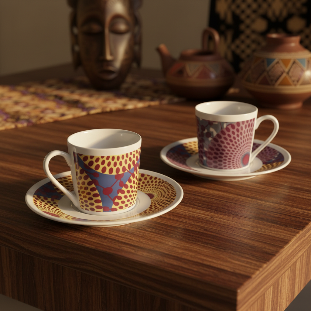 Tasse à Café en porcelaine Française avec soucoupe motif plein wax d'Afrique Gammaphone violet