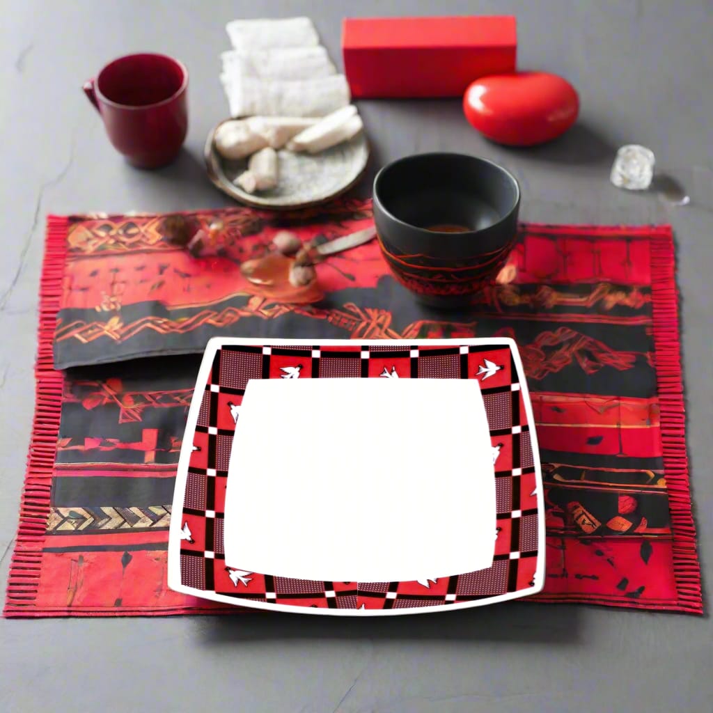 Coffret d'assiettes carrées en porcelaine fine Française fabriquées à la demande avec motif bande Ethnique d'Afrique "Lwili-Pende" du Burkina Faso dans coffret cadeau de 6 assiettes.