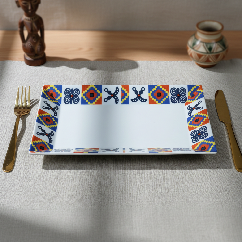 Plat rectangulaire en faïence motif wax d'Afrique "Adinkra"