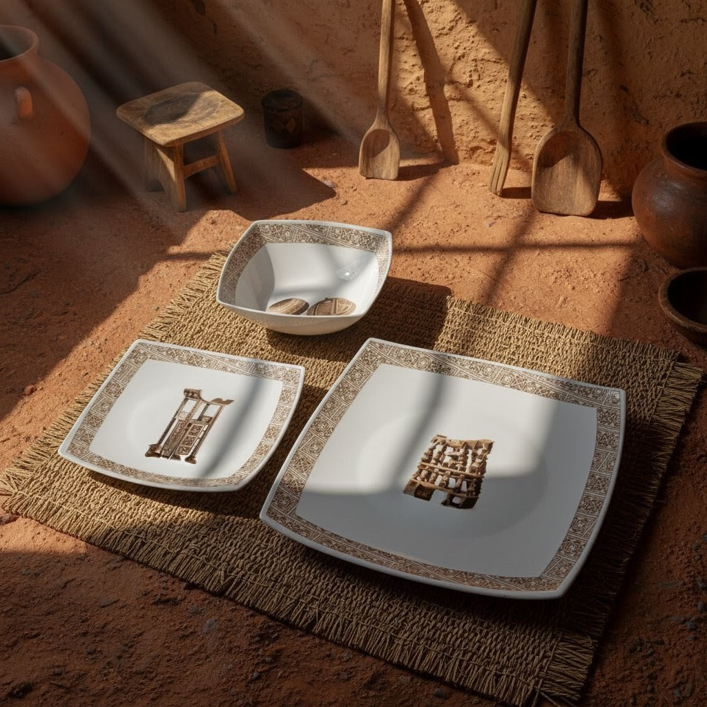 Coffret de 6 Assiettes Carrées en Porcelaine Fine – Motif “Œuvres Sacrées du Bénin”