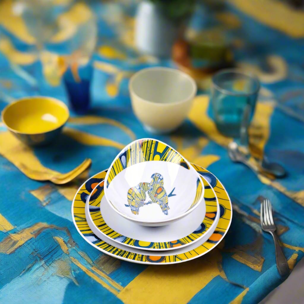Coffret de 6 Assiettes Ovales en Porcelaine Fine – Motif Wax Africain “Electric Bulb” – Fabrication française personnalisable