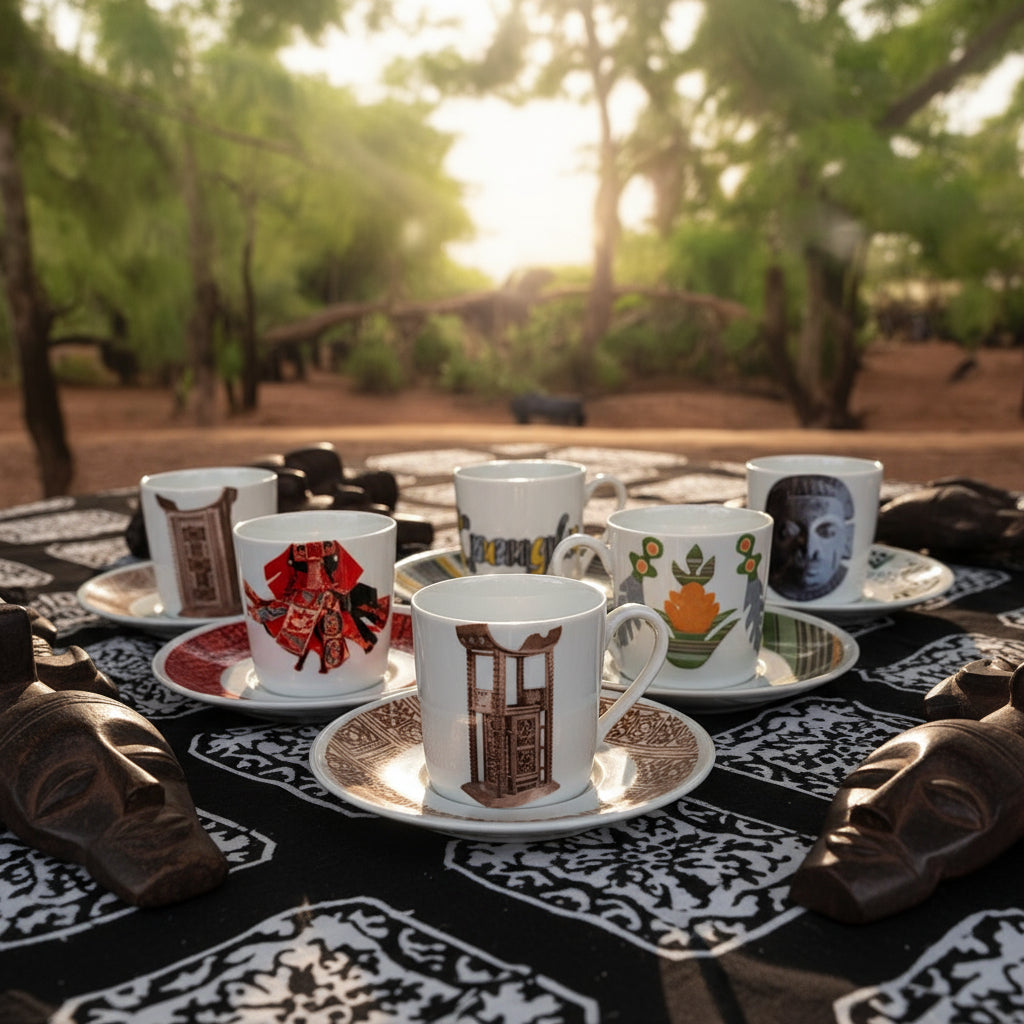 Coffret prestige spécial Bénin – 6 tasses en porcelaine fine française, ornées de motifs inspirés de l’histoire du Bénin