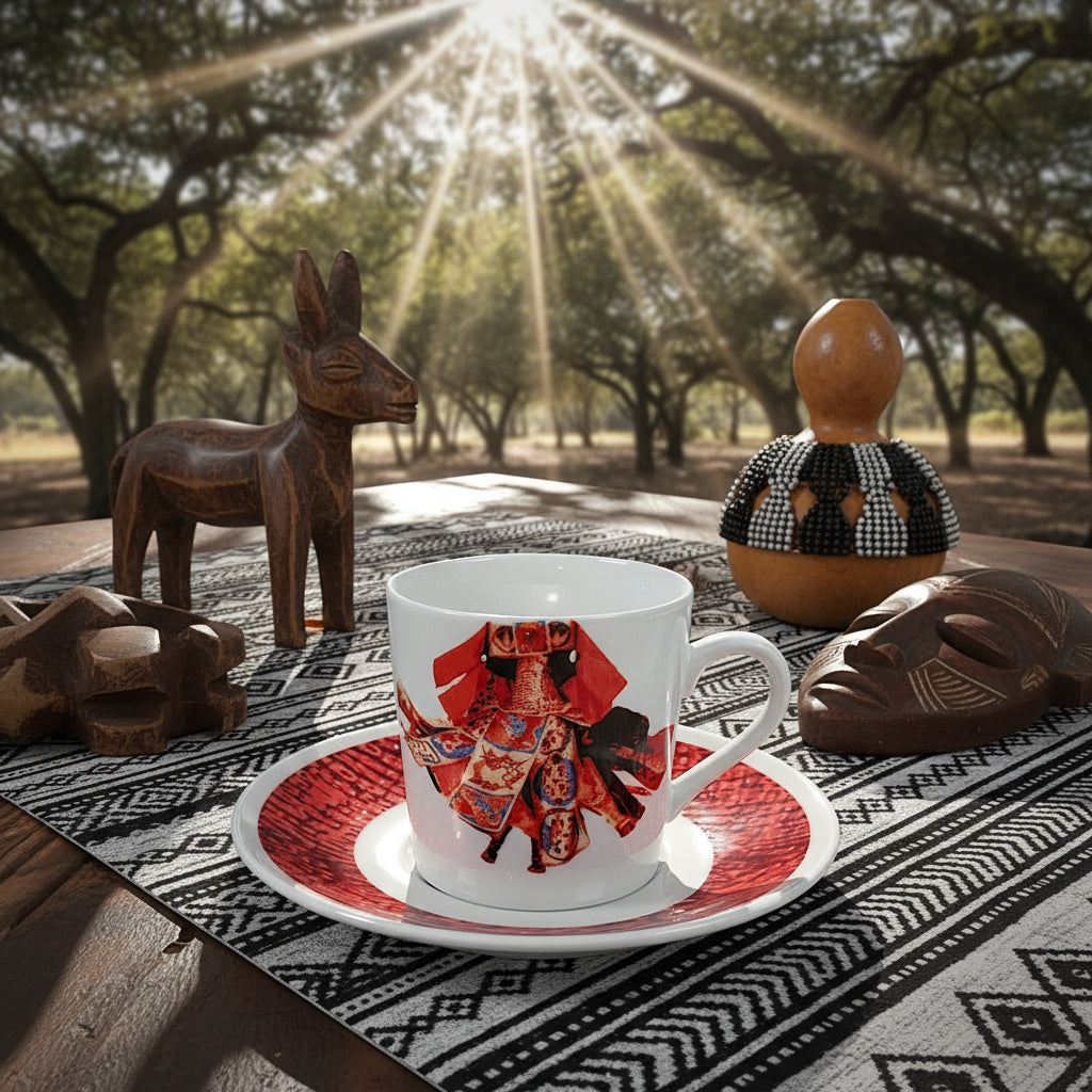 Coffret prestige spécial Bénin – 6 tasses en porcelaine fine française, ornées de motifs inspirés de l’histoire du Bénin