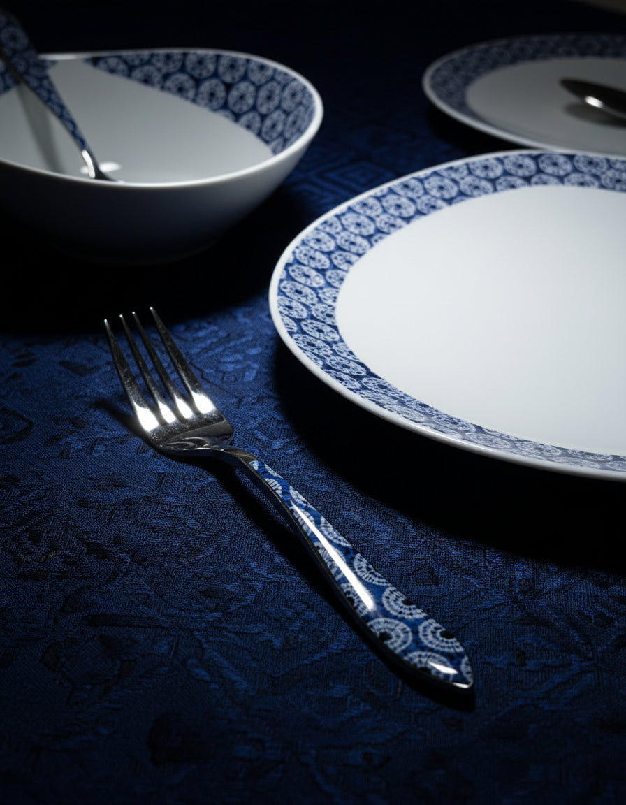 Mug en porcelaine fine Française grenaillé à l'extérieur, motif  d'Afrique "petits soleils indigo" bleu à l'intérieur