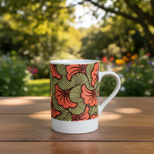 Mug en porcelaine fine Française fabriqué à la demande, motif WAX,  extérieur  "Fleurs de Mariage" fond vert, orange