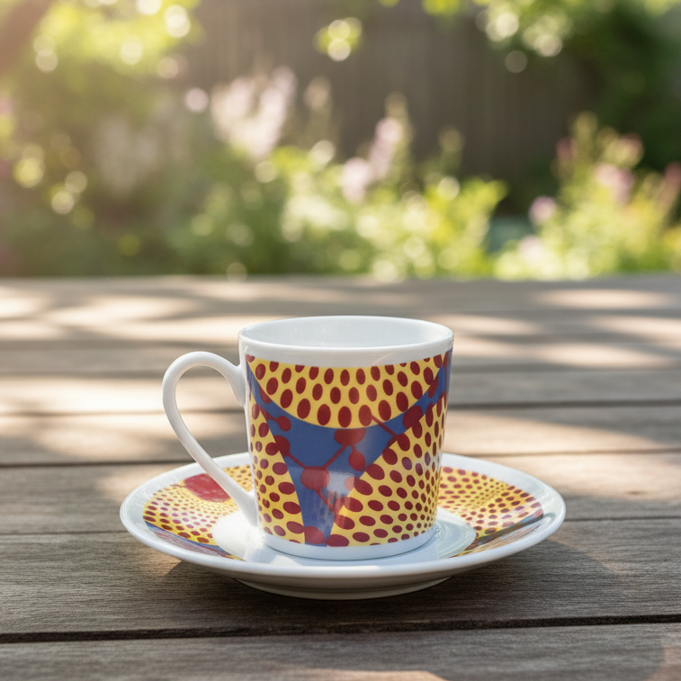 Tasse à Café en porcelaine Française avec soucoupe motif plein wax d'Afrique Gammaphone jaune, bleu et grenat