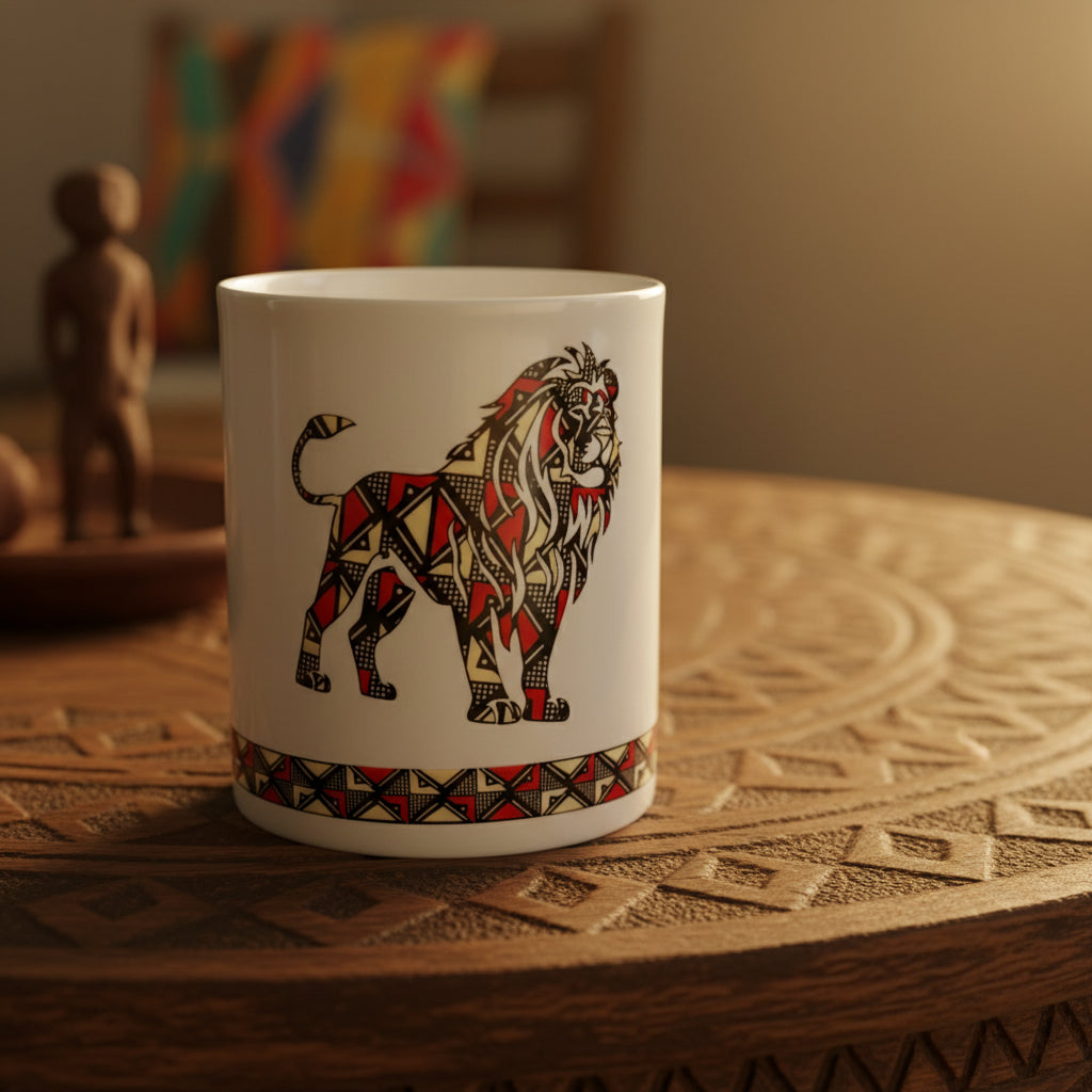 Coffret d'assiettes rondes en porcelaine fine Française avec  motif anneaux fins Ethnique bogolan détaillé avec "lion" de Côte d'ivoire (6 assiettes)