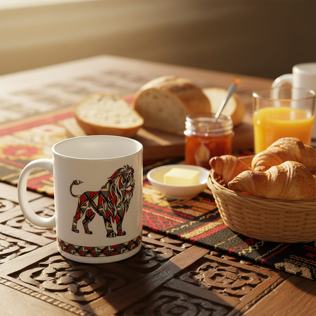 Coffret d'assiettes rondes en porcelaine fine Française avec  motif anneaux fins Ethnique bogolan détaillé avec "lion" de Côte d'ivoire (6 assiettes)
