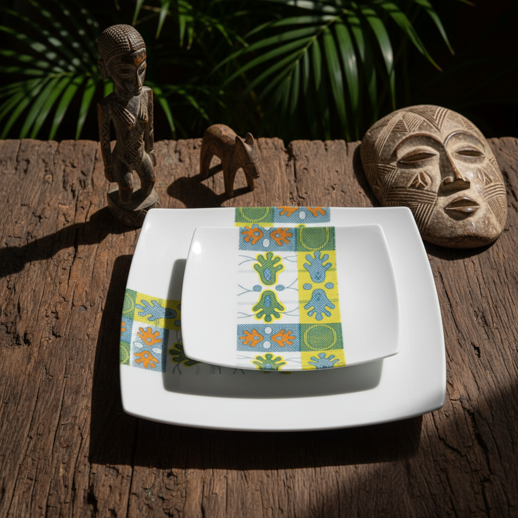 Vue de face sur table en bois brut : assiettes carrées Ton pied mon pied, statuettes, masque en bois et palmes
