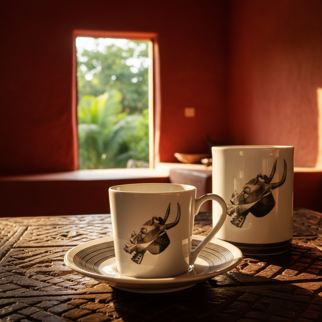 Mug ou Tasse à café en porcelaine fine Française fabriqué à la demande, motif d'Afrique, Côté d'Ivoire MASQUE HEAUME SENOUFO, A tête d'animal à la gueule béante armé de crocs 1