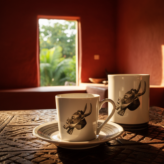 Mug ou Tasse à café en porcelaine fine Française fabriqué à la demande, motif d'Afrique, Côté d'Ivoire MASQUE HEAUME SENOUFO, A tête d'animal à la gueule béante armé de crocs 1