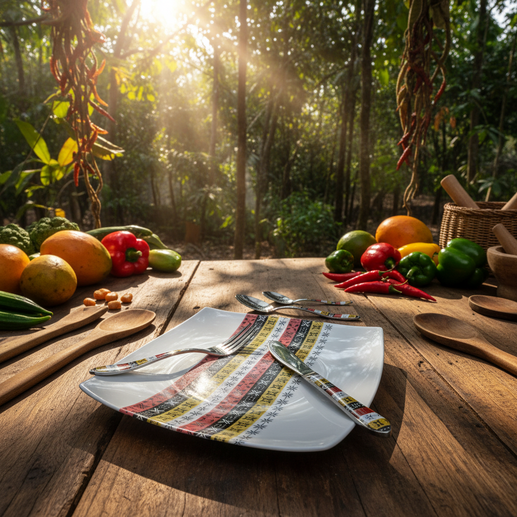 Coffret d'assiettes carrées en porcelaine fine Française fabriquées à la demande avec motif bande Ethnique d'Afrique " Bogolan avec coris" dans coffret de 12 assiettes