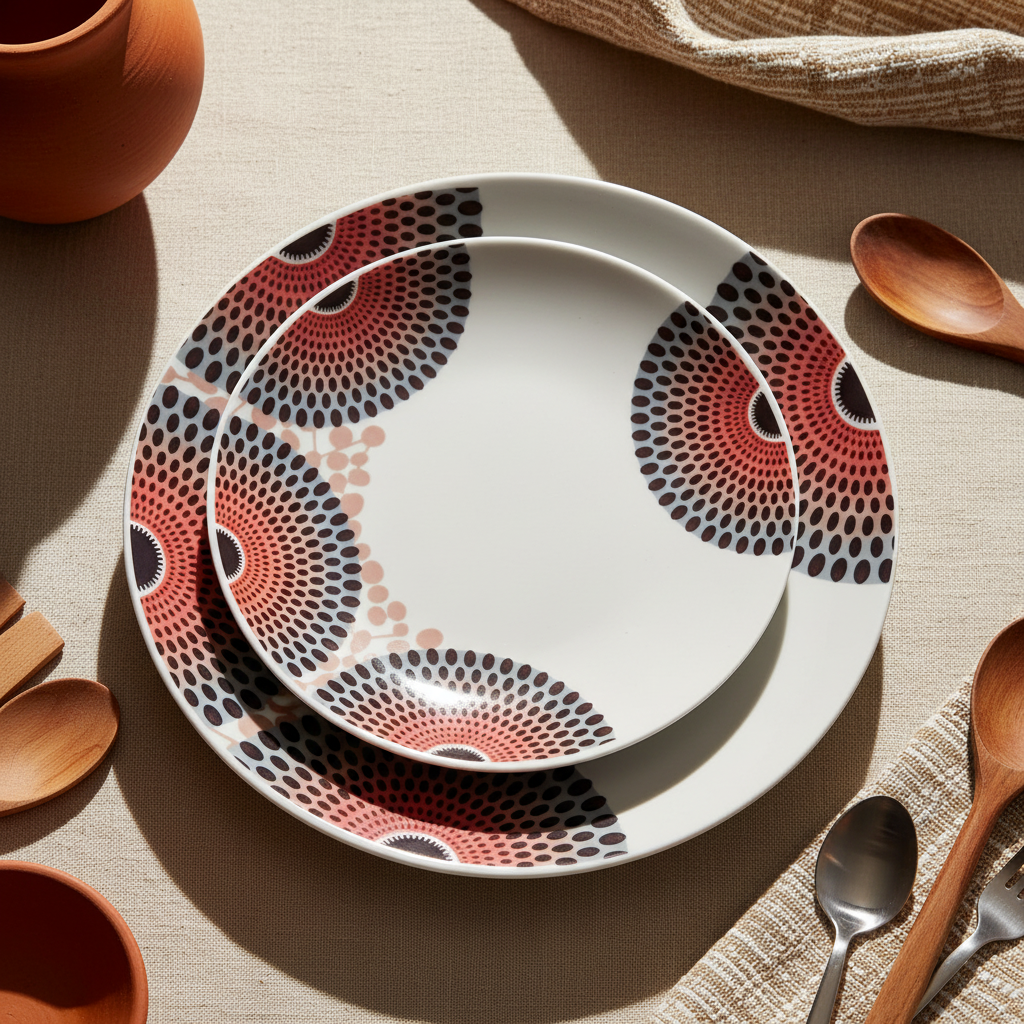 Coffret d'assiettes rondes en porcelaine Française fabriquées à la demande avec motif wax d'Afrique asymetrique Gammaphone multicolores