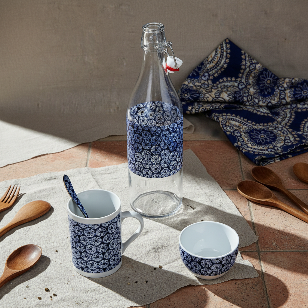 Bouteille en verre motif wax d'Afrique "indigo"