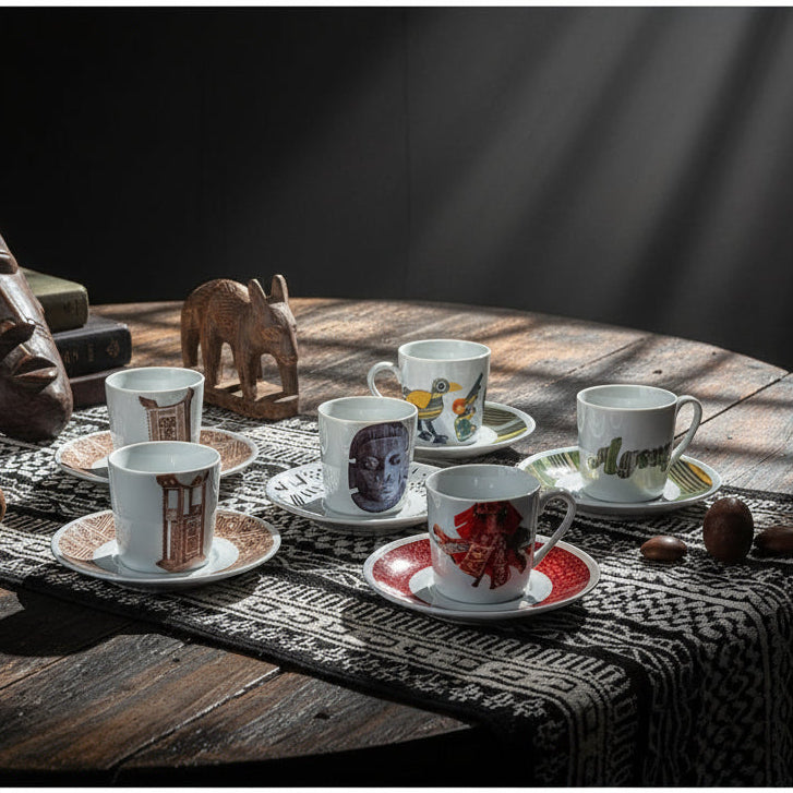Coffret prestige spécial Bénin – 6 tasses en porcelaine fine française, ornées de motifs inspirés de l’histoire du Bénin