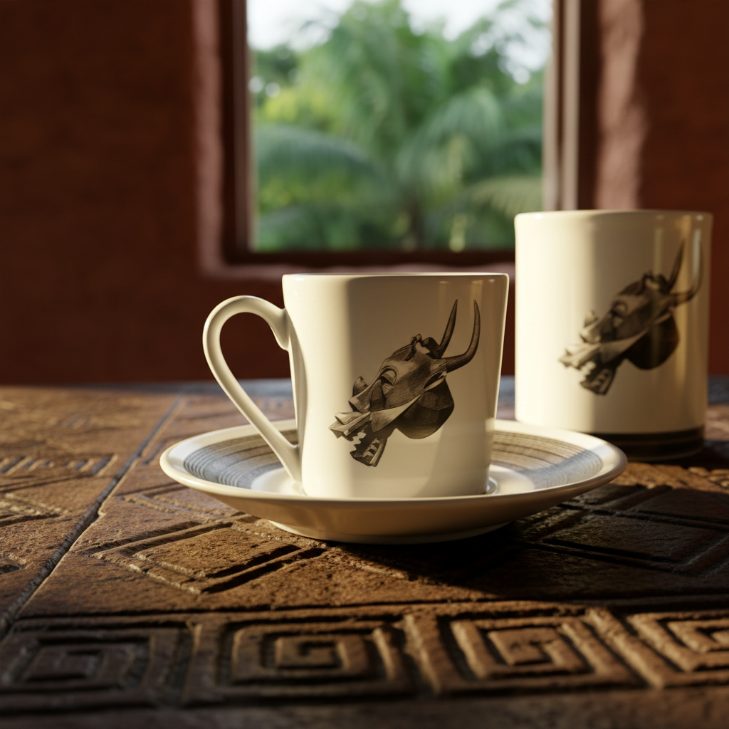 Mug ou Tasse à café en porcelaine fine Française fabriqué à la demande, motif d'Afrique, Côté d'Ivoire MASQUE HEAUME SENOUFO, A tête d'animal à la gueule béante armé de crocs 1