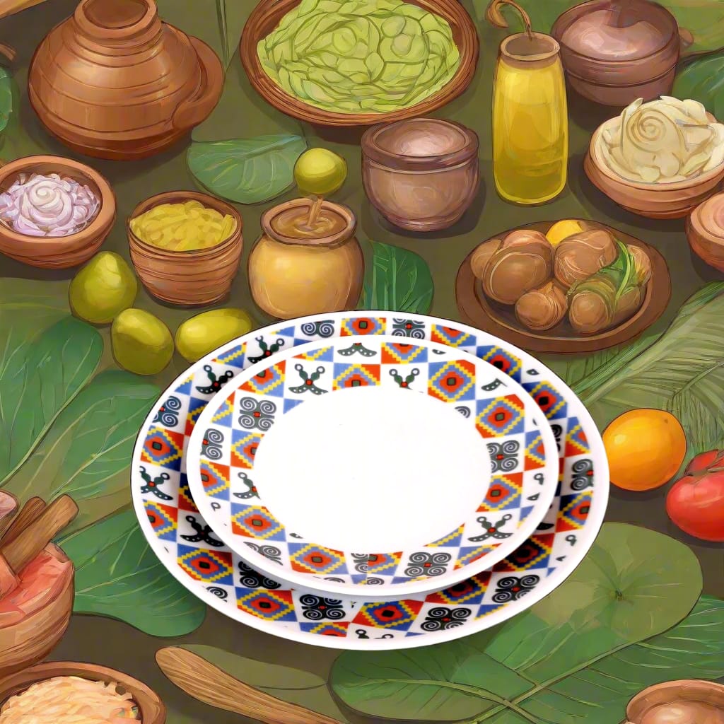 Coffret d'assiettes rondes en porcelaine fine Française fabriquées à la demande avec motif anneaux larges traditions d'afrique "Adinkra" du Ghana et de Côtes d'Ivoire dans coffret de 6 assiettes.