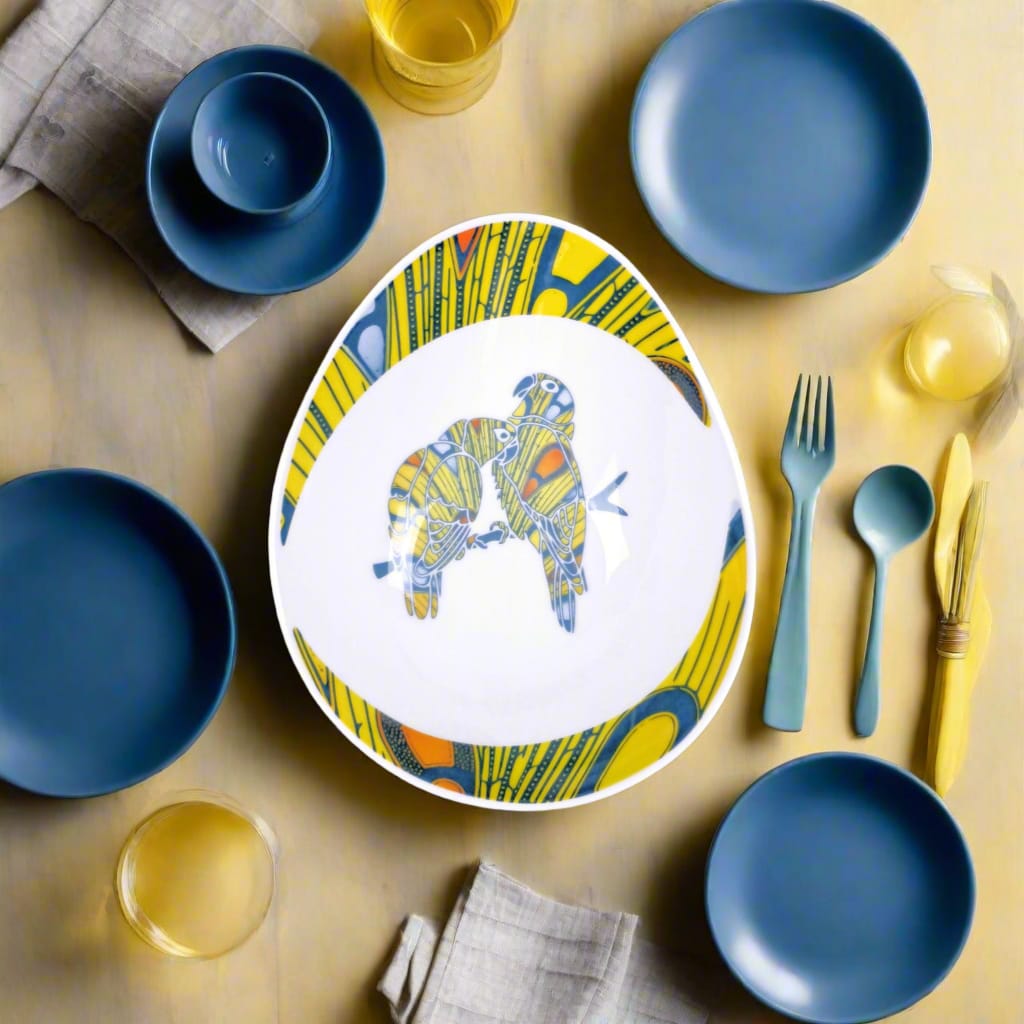 Coffret de 6 Assiettes Ovales en Porcelaine Fine – Motif Wax Africain “Electric Bulb” – Fabrication française personnalisable