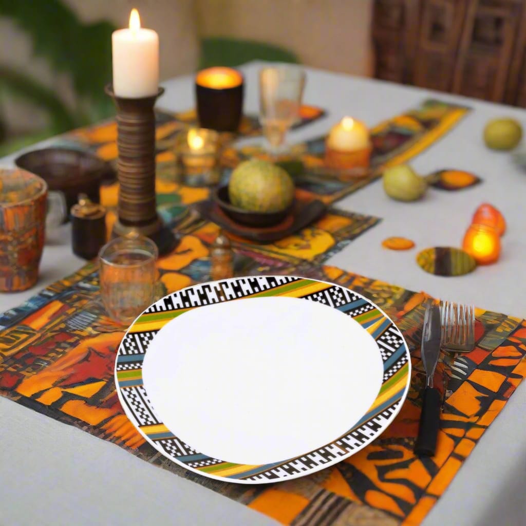 Coffret d'assiettes ovales en porcelaine fine Française fabriquées à la demande avec motif anneau tribal "tera tera", "kounta" "Kanta" dans coffret de 6 assiettes