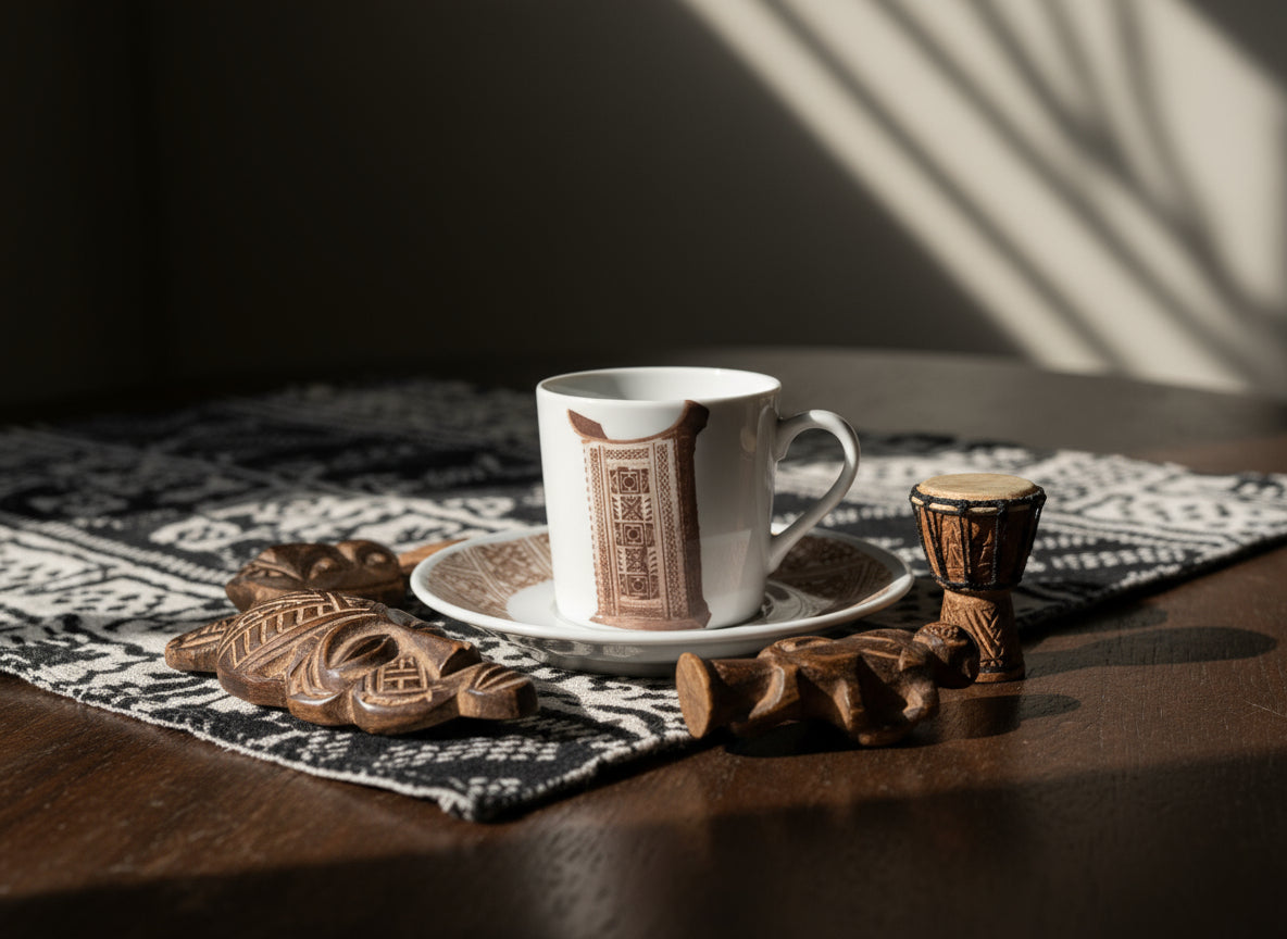 Coffret prestige spécial Bénin – 6 tasses en porcelaine fine française, ornées de motifs inspirés de l’histoire du Bénin