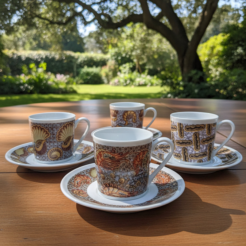 Tasse à Café en porcelaine Française avec soucoupe motif plein wax d'Afrique motif "escargot"