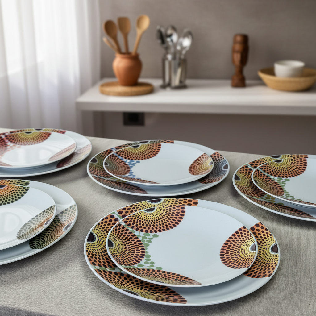 Coffret d'assiettes rondes en porcelaine Française fabriquées à la demande avec motif wax d'Afrique asymetrique Gammaphone multicolores