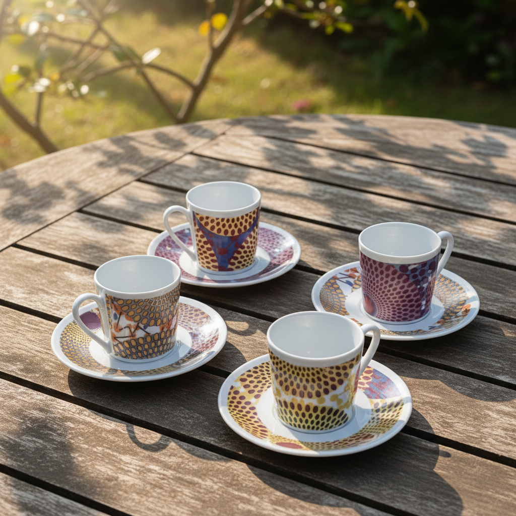 Tasse à Café en porcelaine Française avec soucoupe motif plein wax d'Afrique Gammaphone gris et orangé