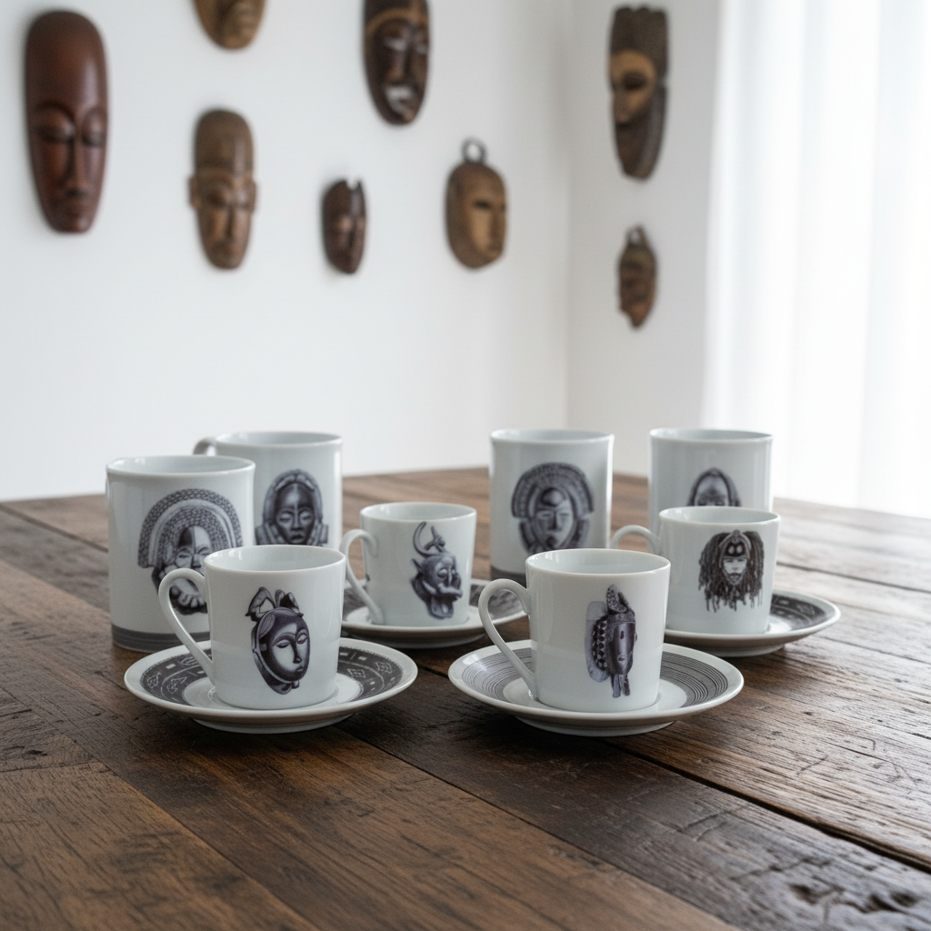 Tasse à café en porcelaine fine Française fabriqué à la demande, motif d'Afrique, Côté d'Ivoire extérieur masques "Baoulé"