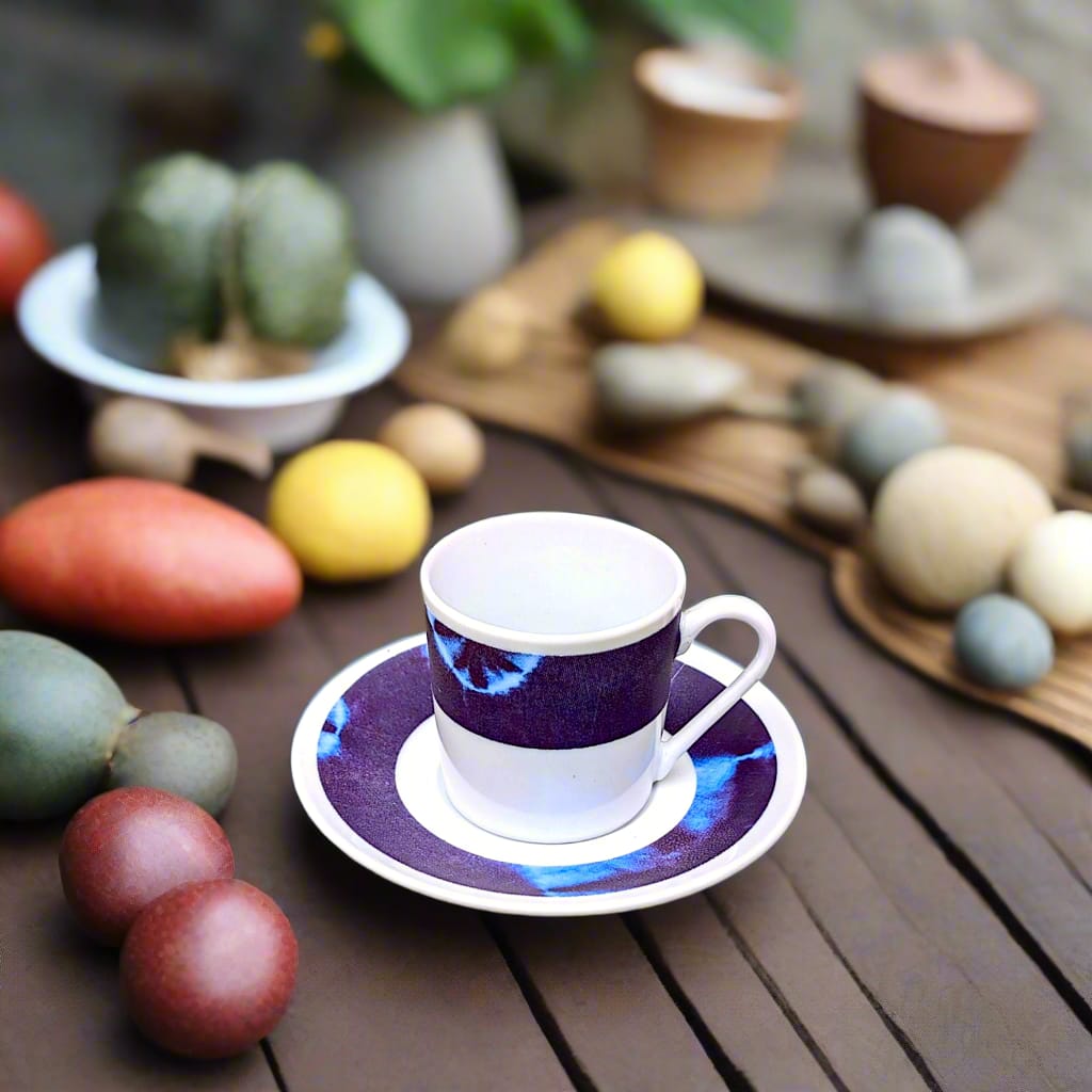 Tasse à Café en porcelaine fine Française fabriquée à la demande avec soucoupe motif ethnique africain  "indigo" bleu