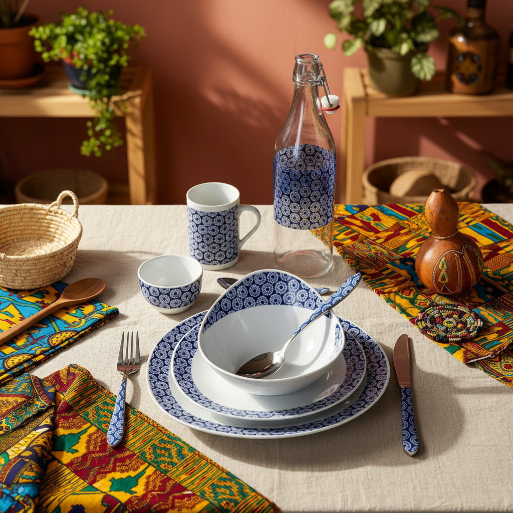 Bouteille en verre motif wax d'Afrique "indigo"