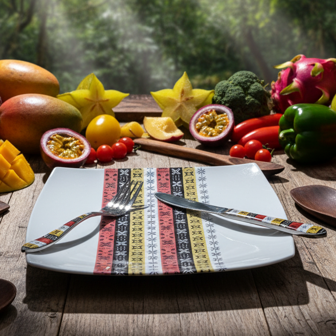 Coffret d'assiettes carrées en porcelaine fine Française fabriquées à la demande avec motif bande Ethnique d'Afrique " Bogolan avec coris" dans coffret de 12 assiettes