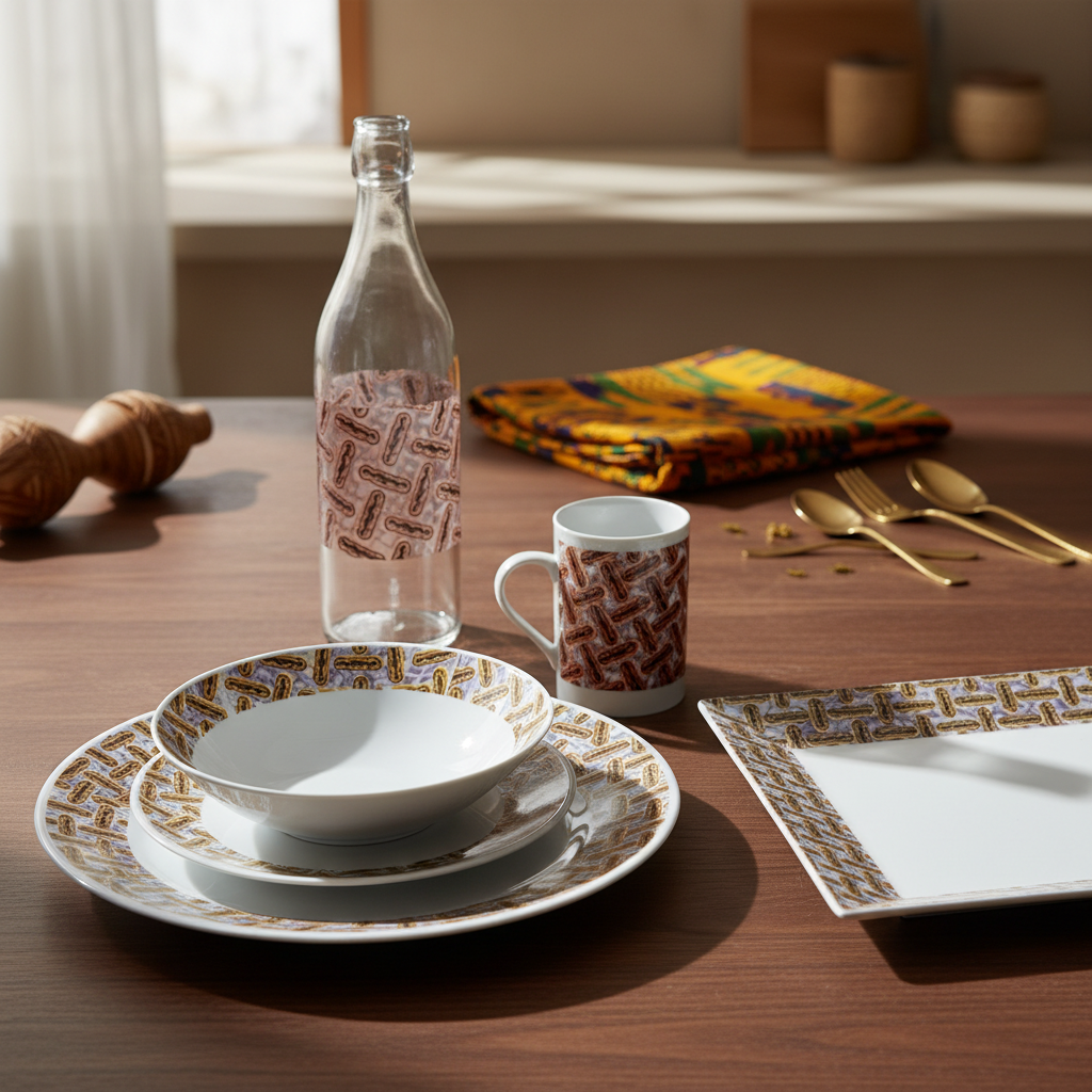 Bouteille en verre motif wax d'Afrique "haricot"