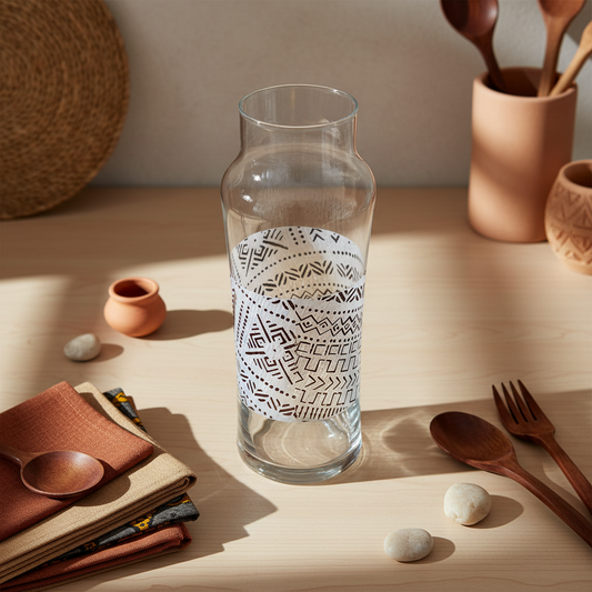 Pichet / bouteille large en verre motif d'Afrique ethnique "Bogolan"