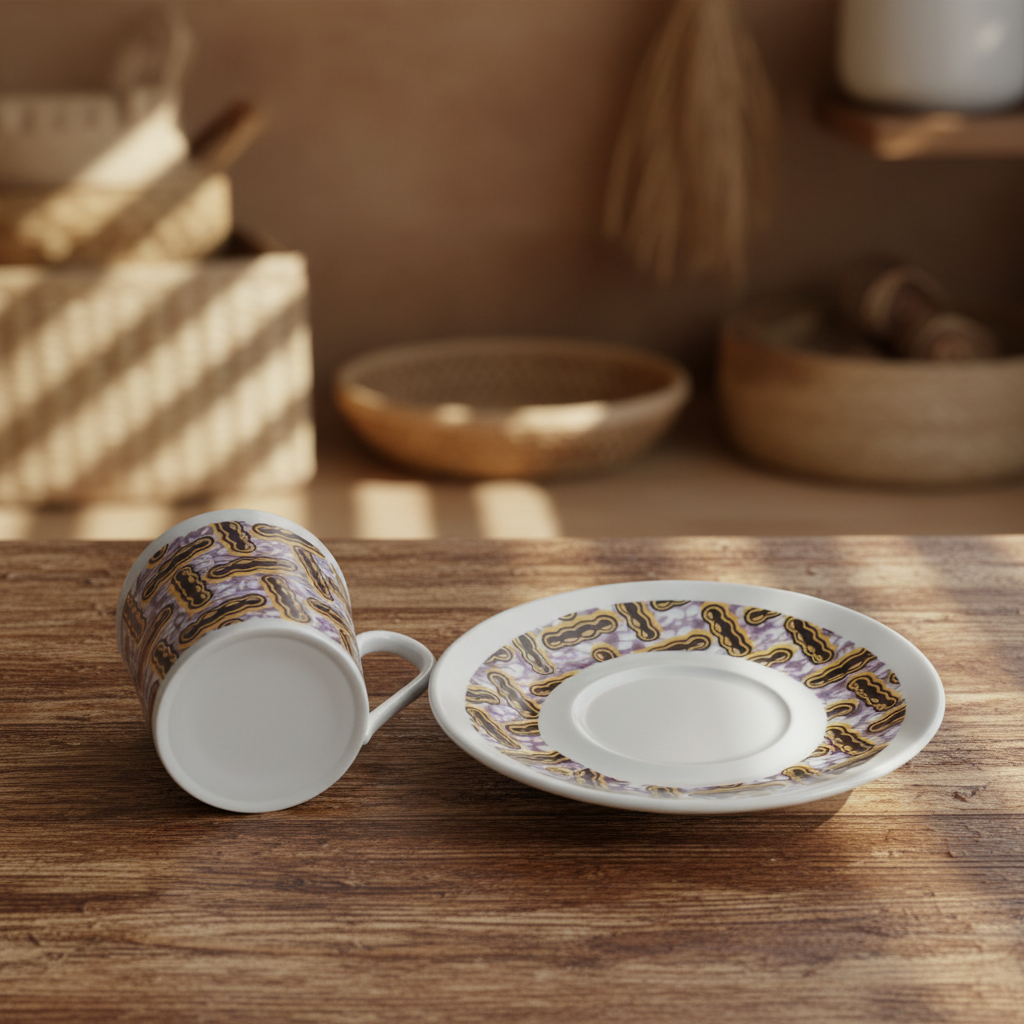 Tasse à Café en porcelaine Française avec soucoupe motif plein wax d'Afrique motif "haricot"