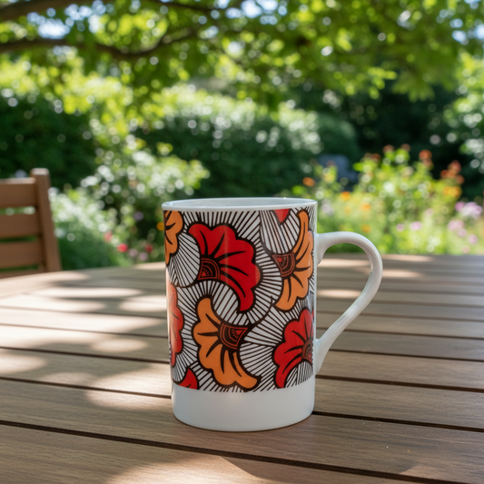 Mug en porcelaine fine Française fabriqué à la demande, motif WAX,  extérieur  "Fleurs de Mariage" rouge et orange