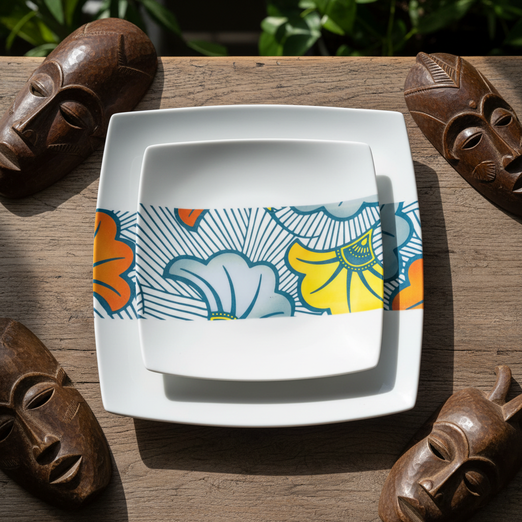 Coffret d'assiettes en porcelaine fine Française fabriquées à la demande avec motif bande WAX d'afrique "Grandes Fleurs de Mariage" dans coffret de 12