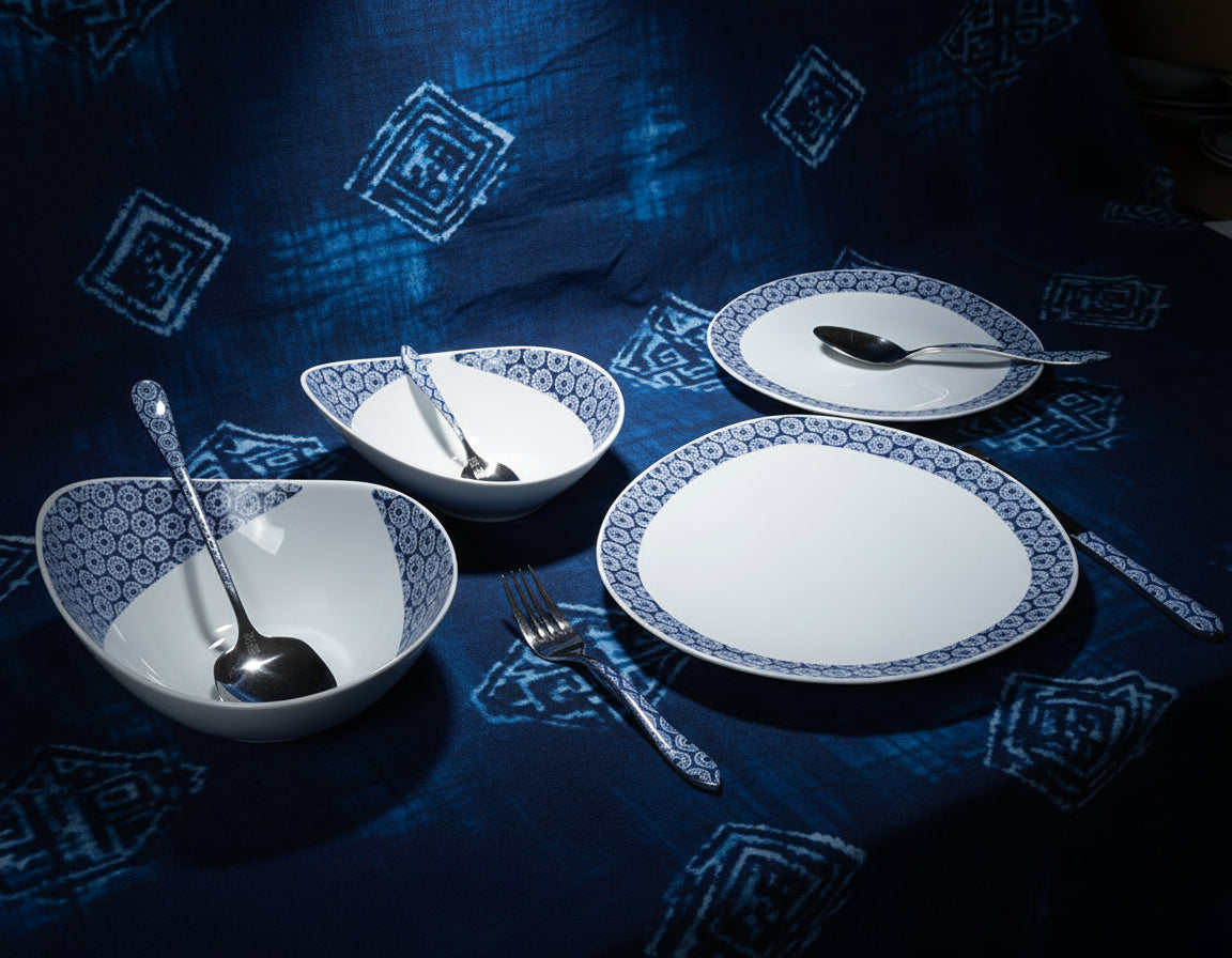 Mug en porcelaine fine Française grenaillé à l'extérieur, motif  d'Afrique "petits soleils indigo" bleu à l'intérieur