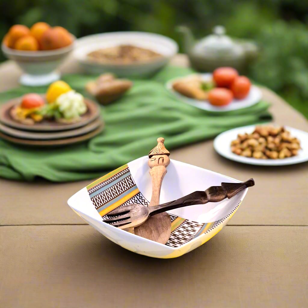 Saladier en porcelaine fine Française fabriquées à la demande motif bande Ethnique d'Afrique "Kanta" du Niger dans coffret