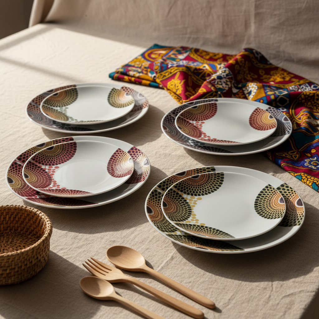 Coffret d'assiettes rondes en porcelaine Française fabriquées à la demande avec motif wax d'Afrique asymetrique Gammaphone multicolores