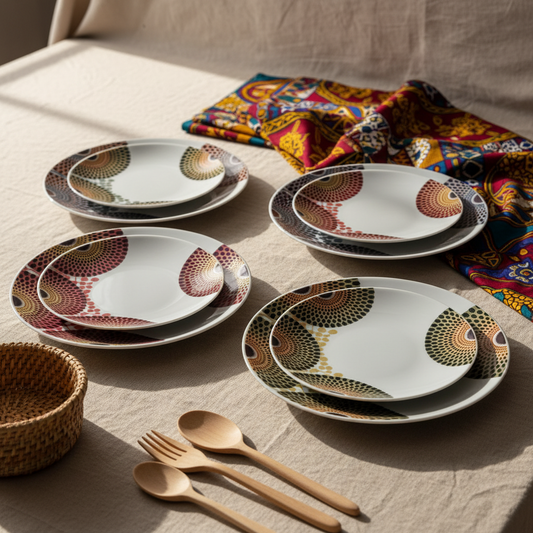 Coffret d'assiettes rondes en porcelaine Française fabriquées à la demande avec motif wax d'Afrique asymetrique Gammaphone multicolores